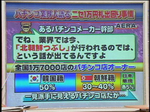 関西のテレビ番組で紹介されたAERAの記事。朝鮮人のパチンコ店オーナーは実に全体の９割に達する。
