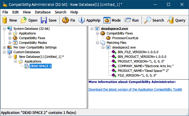 PC ゲーム DEAD SPACE 2（2011年版）日本語化とゲームプレイ最適化メモ、PC ゲーム DEAD SPACE 2（2011年版）ゲームプレイ最適化情報、CPU のコア数が 10コアを超えるとゲームが起動できなくなる場合の対策方法、使用している Windows のバージョンと一致する Windows ADK をダウンロードしてインストール（この記事では Windows 10 バージョン 2004 の Windows ADK をインストール）、場所の指定画面でデフォルトインストールパス C:\Program Files (x86)\Windows Kits\10 にインストール先を指定、Compatibility Administorator が含まれる「アプリケーション互換性ツール」にのみチェックマークを入れてインストール開始、Windows ADK インストール後 C:\Program Files (x86)\Windows Kits\10\Assessment and Deployment Kit\Application Compatibility Toolkit\Compatibility Administrator (32-bit) フォルダにある Compatadmin.exe ファイルを起動、Custom Databases にある New Database(1) [Untitled_1] を選択、メニュー Database → Create New → Application Fix... をクリック、Create new Application Fix 画面の Program information で Program file location: に deadspace2.exe ファイルをフルパスで指定、Name of the program to be fixed: と Name of the vendor for this program: に任意の名前を入力、Name of the program to be fixed: と Name of the vendor for this program: をデフォルト名のまま進めようとすると使えない文字があるとして警告表示、Compatibility Modes では何も設定せず次へボタンをクリック、Compatibility Fixes で ProcessorCountLie にチェックマークを入れて次へボタンをクリック（環境によっては ProcessorCountLieForHybridCPU 表記？）、Matching information では何も設定せず完了ボタンをクリック、deadspace2.exe の Application Fix 設定完了