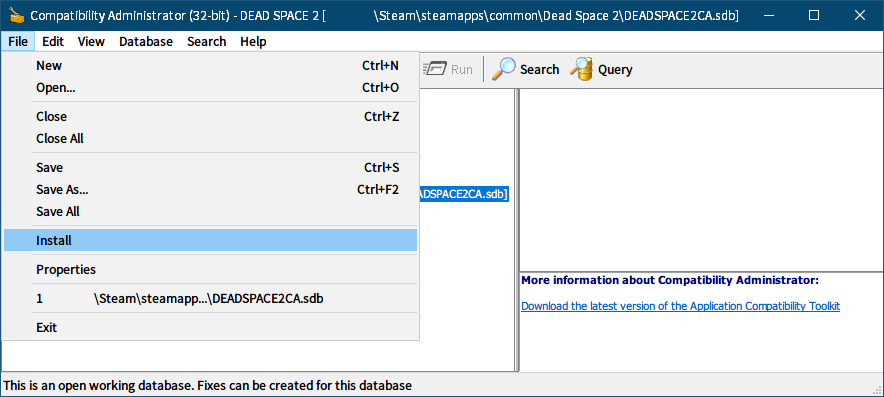 PC ゲーム DEAD SPACE 2（2011年版）日本語化とゲームプレイ最適化メモ、PC ゲーム DEAD SPACE 2（2011年版）ゲームプレイ最適化情報、CPU のコア数が 10コアを超えるとゲームが起動できなくなる場合の対策方法、使用している Windows のバージョンと一致する Windows ADK をダウンロードしてインストール（この記事では Windows 10 バージョン 2004 の Windows ADK をインストール）、場所の指定画面でデフォルトインストールパス C:\Program Files (x86)\Windows Kits\10 にインストール先を指定、Compatibility Administorator が含まれる「アプリケーション互換性ツール」にのみチェックマークを入れてインストール開始、Windows ADK インストール後 C:\Program Files (x86)\Windows Kits\10\Assessment and Deployment Kit\Application Compatibility Toolkit\Compatibility Administrator (32-bit) フォルダにある Compatadmin.exe ファイルを起動、Custom Databases にある New Database(1) [Untitled_1] を選択、メニュー Database → Create New → Application Fix... をクリック、Create new Application Fix 画面の Program information で Program file location: に deadspace2.exe ファイルをフルパスで指定、Name of the program to be fixed: と Name of the vendor for this program: に任意の名前を入力、Name of the program to be fixed: と Name of the vendor for this program: をデフォルト名のまま進めようとすると使えない文字があるとして警告表示、Compatibility Modes では何も設定せず次へボタンをクリック、Compatibility Fixes で ProcessorCountLie にチェックマークを入れて次へボタンをクリック（環境によっては ProcessorCountLieForHybridCPU 表記？）、Matching information では何も設定せず完了ボタンをクリック、deadspace2.exe の Application Fix 設定完了後 Save ボタン（Save database）をクリック、Database Name 画面で任意の Database 名を入力して OK ボタンをクリック、ファイル保存先画面（デフォルトで Application Fix で指定した deadspace2.exe ファイルがあるフォルダが開く）で任意の Database ファイル名（.sdb）を入力して保存、Custom Databases に保存した Database 名と Database ファイル名（.sdb）が反映、メニュー File → Install をクリック