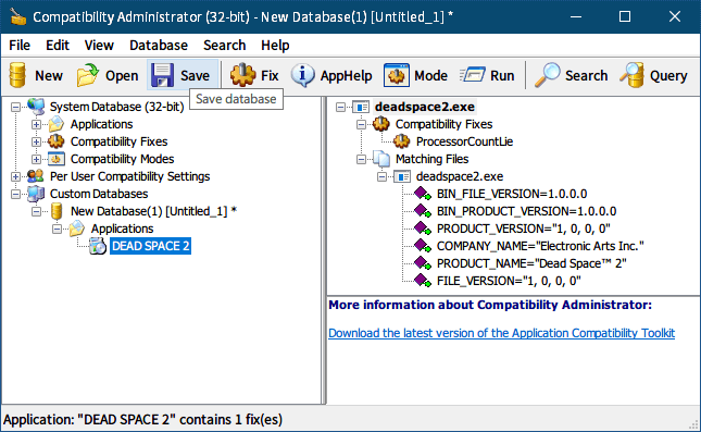 PC ゲーム DEAD SPACE 2（2011年版）日本語化とゲームプレイ最適化メモ、PC ゲーム DEAD SPACE 2（2011年版）ゲームプレイ最適化情報、CPU のコア数が 10コアを超えるとゲームが起動できなくなる場合の対策方法、使用している Windows のバージョンと一致する Windows ADK をダウンロードしてインストール（この記事では Windows 10 バージョン 2004 の Windows ADK をインストール）、場所の指定画面でデフォルトインストールパス C:\Program Files (x86)\Windows Kits\10 にインストール先を指定、Compatibility Administorator が含まれる「アプリケーション互換性ツール」にのみチェックマークを入れてインストール開始、Windows ADK インストール後 C:\Program Files (x86)\Windows Kits\10\Assessment and Deployment Kit\Application Compatibility Toolkit\Compatibility Administrator (32-bit) フォルダにある Compatadmin.exe ファイルを起動、Custom Databases にある New Database(1) [Untitled_1] を選択、メニュー Database → Create New → Application Fix... をクリック、Create new Application Fix 画面の Program information で Program file location: に deadspace2.exe ファイルをフルパスで指定、Name of the program to be fixed: と Name of the vendor for this program: に任意の名前を入力、Name of the program to be fixed: と Name of the vendor for this program: をデフォルト名のまま進めようとすると使えない文字があるとして警告表示、Compatibility Modes では何も設定せず次へボタンをクリック、Compatibility Fixes で ProcessorCountLie にチェックマークを入れて次へボタンをクリック（環境によっては ProcessorCountLieForHybridCPU 表記？）、Matching information では何も設定せず完了ボタンをクリック、deadspace2.exe の Application Fix 設定完了後 Save ボタン（Save database）をクリック