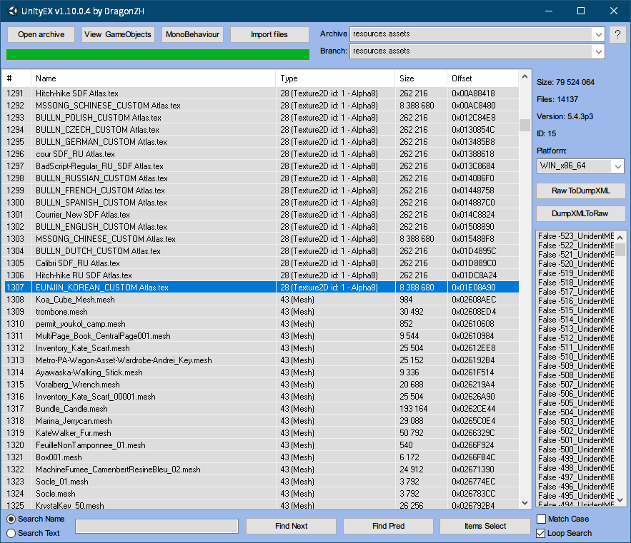 PC ゲーム Syberia 3 で日本語を表示する方法、Steam コミュニティガイド Syberia 3 非公式日本語化ファイル公開、Steam 版 Syberia 3 非公式日本語化ファイル - フォント・テキストデータ抽出・バックアップ方法、日本語化後 UnityEX で Syberia3\Syberia3_Data フォルダにある resources.assets ファイルを開く、# 列 1307 にある EUNJIN_KOREAN_CUSTOM Atlas.tex をエクスポート