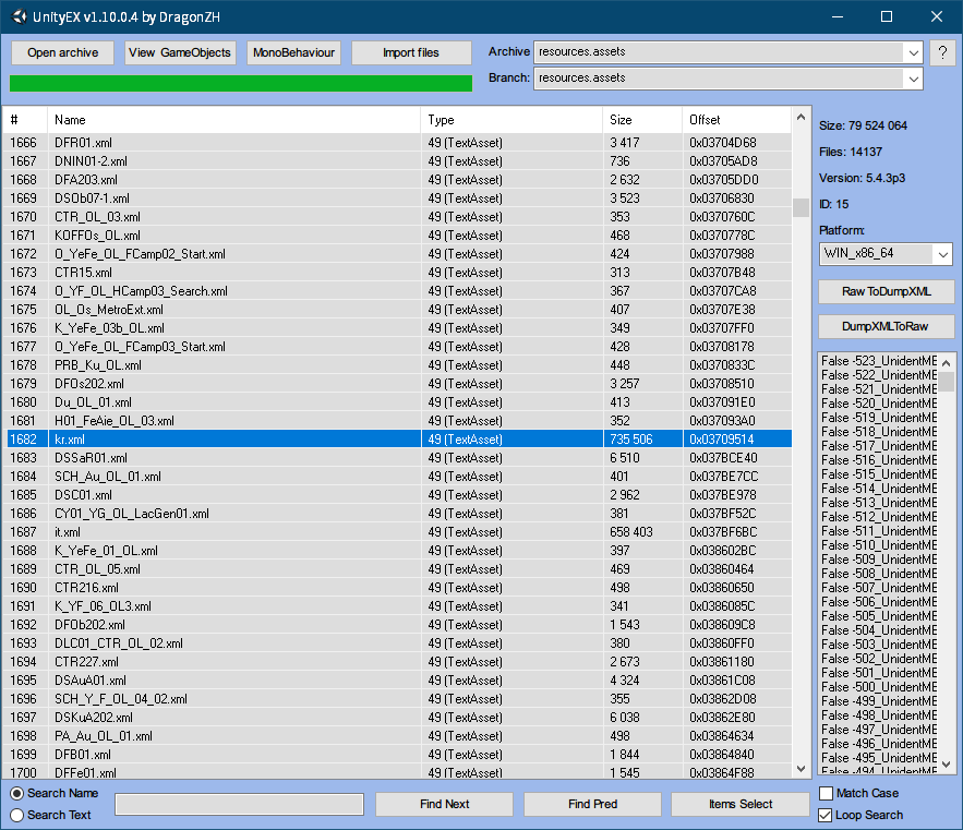 PC ゲーム Syberia 3 で日本語を表示する方法、Steam コミュニティガイド Syberia 3 非公式日本語化ファイル公開、Steam 版 Syberia 3 非公式日本語化ファイル - フォント・テキストデータ抽出・バックアップ方法、日本語化後 UnityEX で Syberia3\Syberia3_Data フォルダにある resources.assets ファイルを開く、# 列 1307 にある EUNJIN_KOREAN_CUSTOM Atlas.tex をエクスポート、# 列 1682 にある kr.xml ファイルをエクスポート