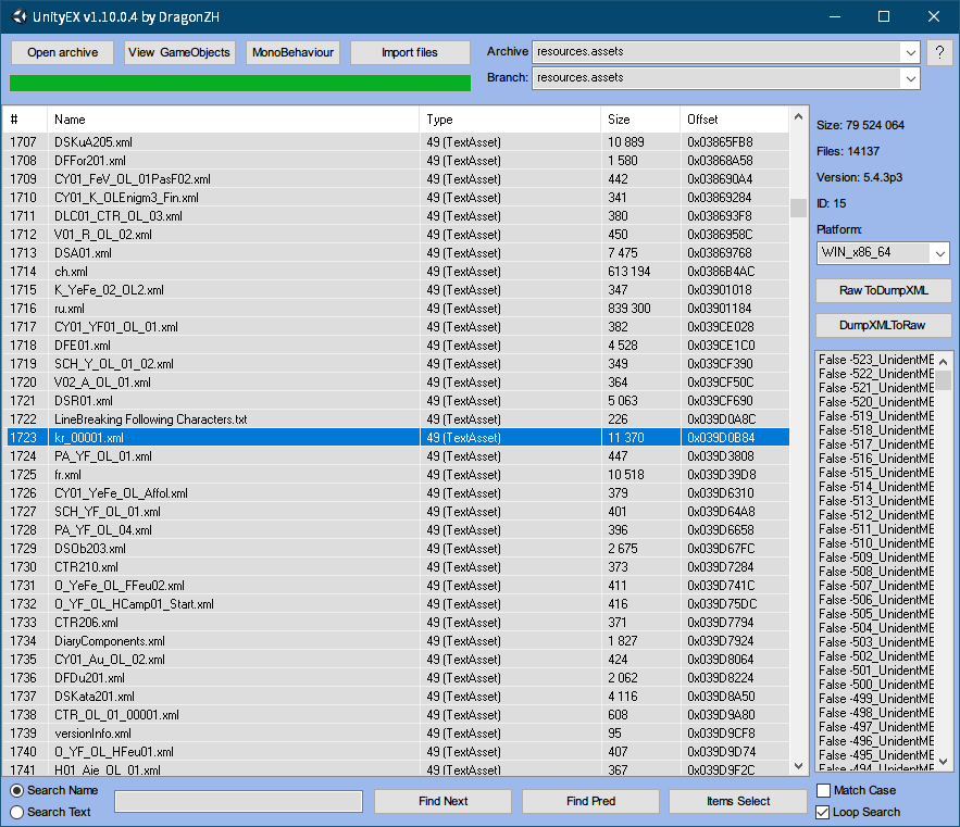 PC ゲーム Syberia 3 で日本語を表示する方法、Steam コミュニティガイド Syberia 3 非公式日本語化ファイル公開、Steam 版 Syberia 3 非公式日本語化ファイル - フォント・テキストデータ抽出・バックアップ方法、日本語化後 UnityEX で Syberia3\Syberia3_Data フォルダにある resources.assets ファイルを開く、# 列 1307 にある EUNJIN_KOREAN_CUSTOM Atlas.tex をエクスポート、# 列 1682 にある kr.xml ファイルをエクスポート、# 列 1723 にある kr_00001.xml ファイルをエクスポート