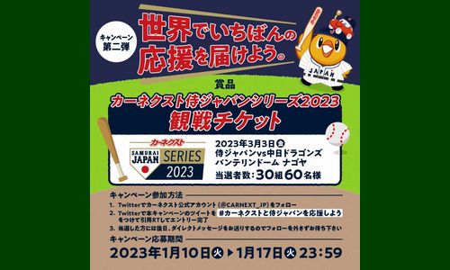 野球懸賞 侍ジャパン VS 中日ドラゴンズ観戦ペアチケットが当たる！ カーネクスト