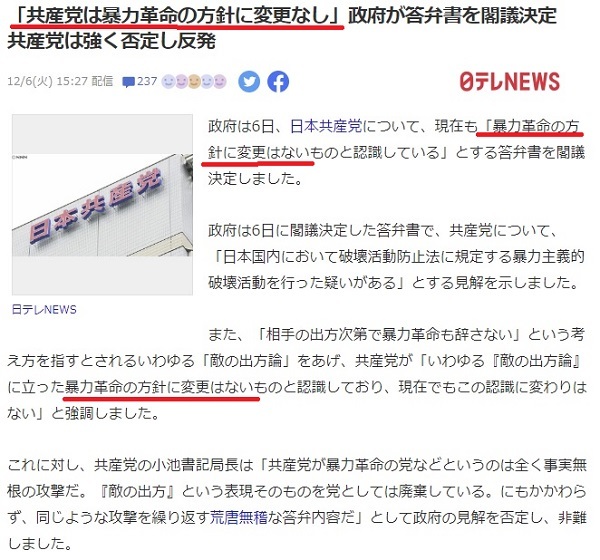 政府は、12月６日の閣議で、日本共産党について「暴力革命の方針に変更はないものと認識している」とする答弁書