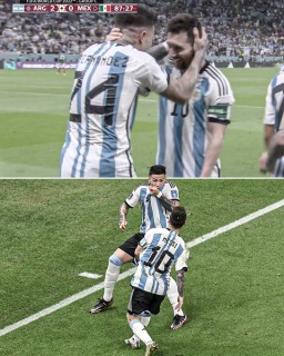 Enzo Fernandez celebrating his first Argentina goal with Lionel Messi