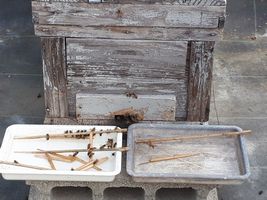 【写真】ミツバチの巣箱の前に置いた砂糖水のトレーと水のトレー